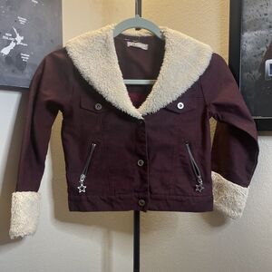 Girls Denim Jacket Oversized Sherpa Collar Cuffs Embroidery Patches Size 6X Fun